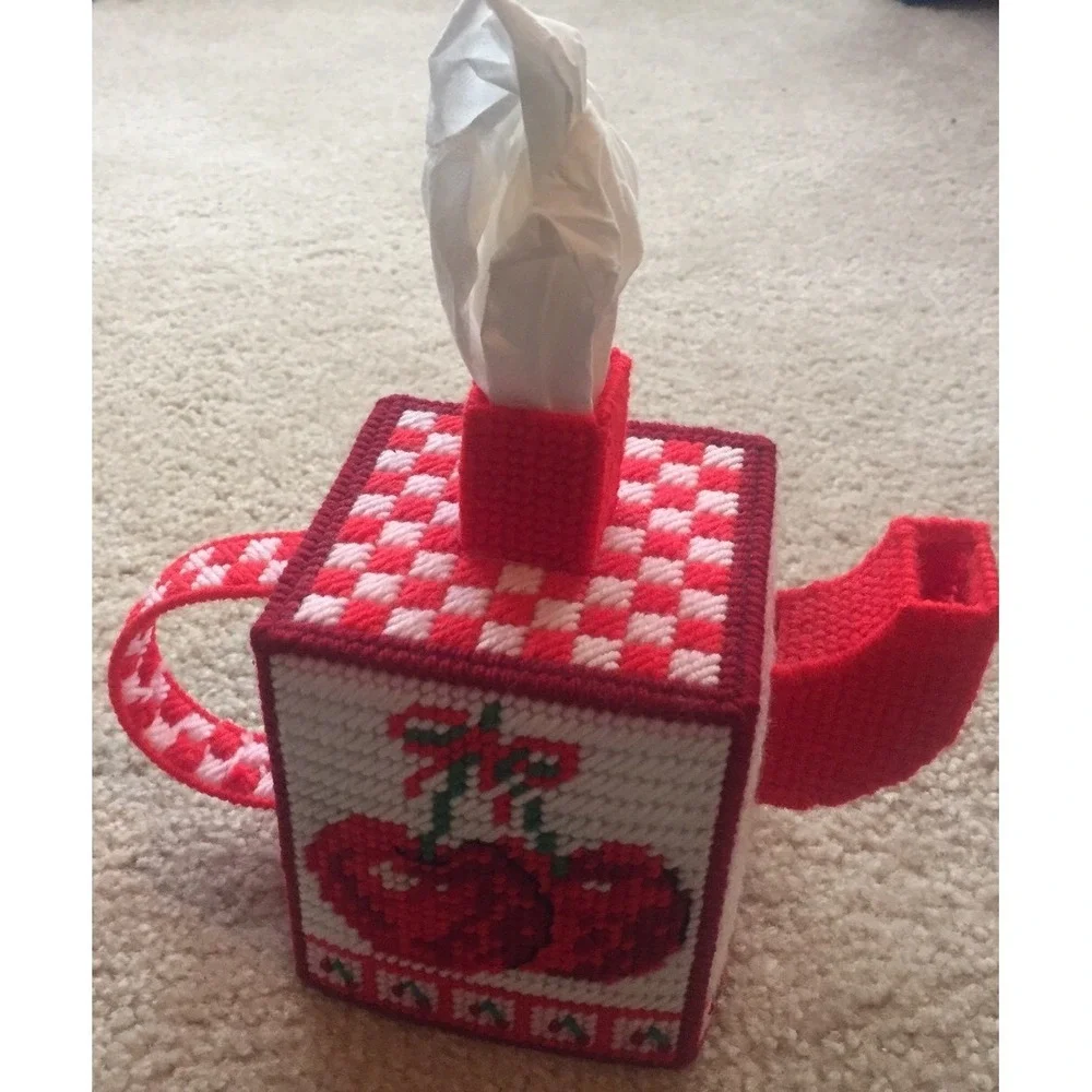 Handmade Plastic Canvas Tissue Box Cover Cherry Teapot Needlepoint Vintage Style